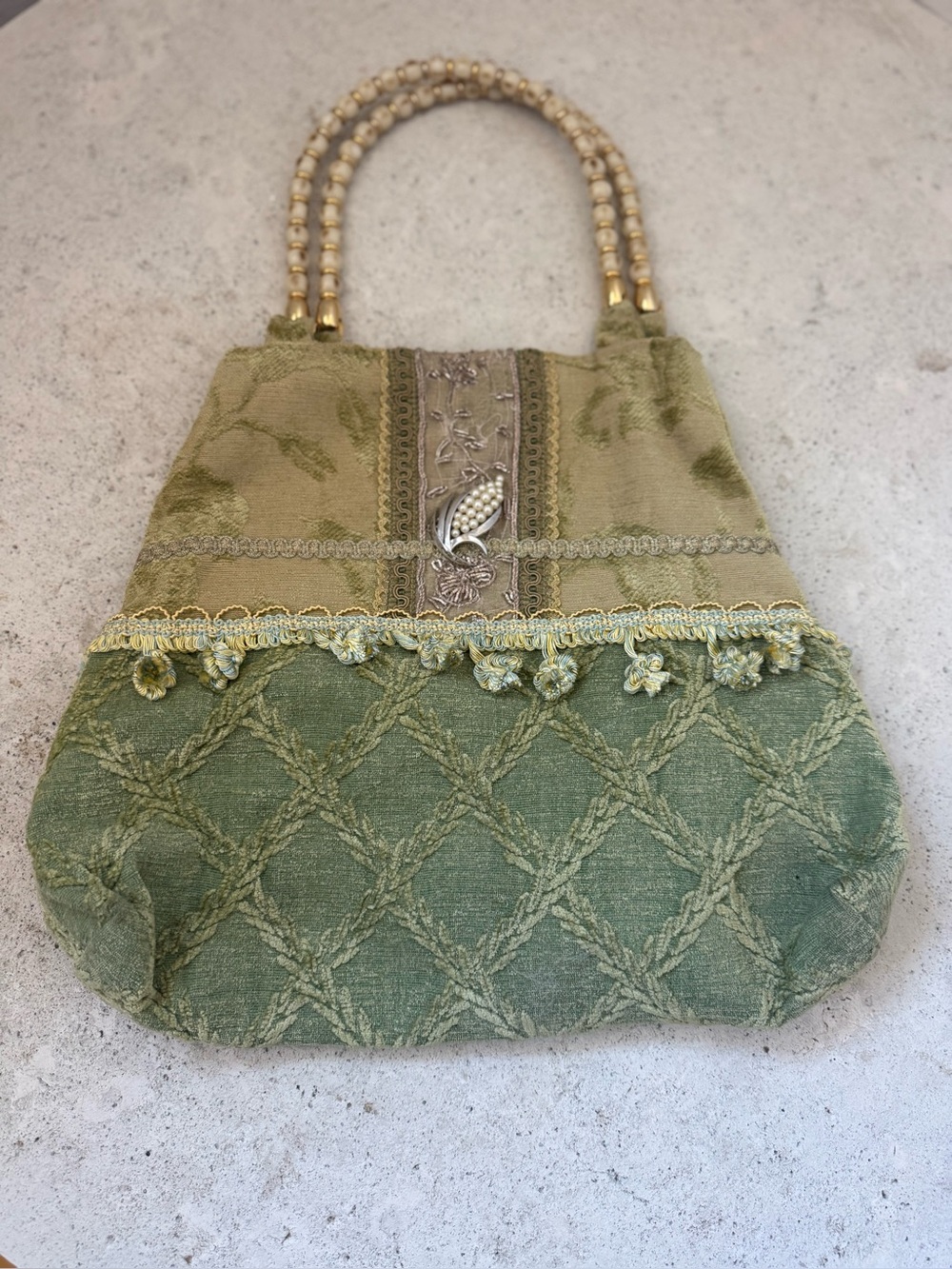Green Embroidered Evening Handbag with Beaded Handles